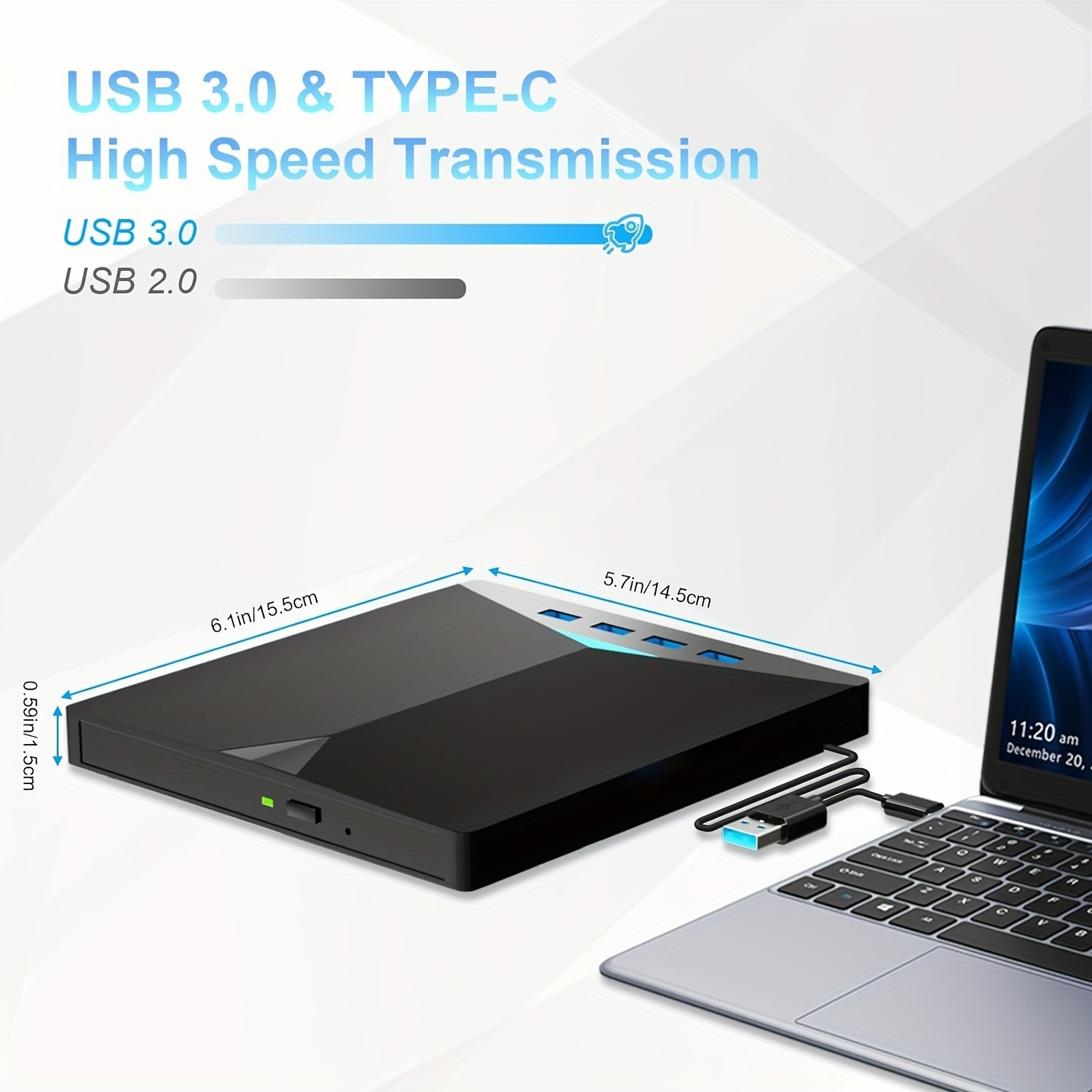 7-in-1 externes CD-DVD-Laufwerk mit 4 USB-A-Anschlüssen und TF/SD-Kartensteckplätzen für Laptop, MacBook, Desktop-PC, Windows 11/10/8/7, Linux Mac