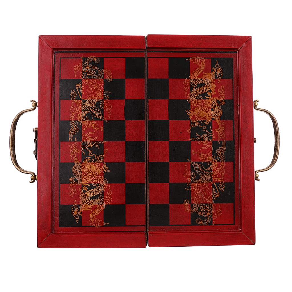 Juego de mesa de ajedrez chino antiguo, plegable, tamaño pequeño, piezas de madera