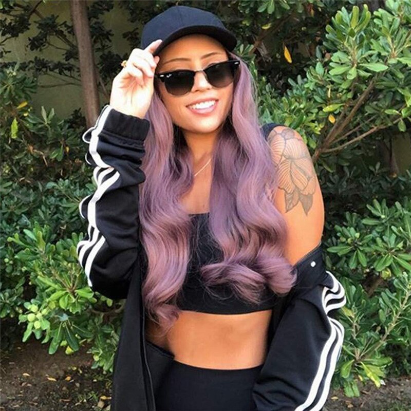Long Synthetic Baseball Cap Hair Wig Natural Black / Brown Wavy Wigs Naturally Connect Synthetic Hat Wig Adjustable For Girl: Purple