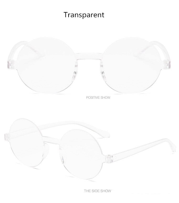 Candykleurige ronde zonnebril voor dames, vintage randloos, rood, geel, eendelige lens, trendy zonnebril voor heren en dames: Transparant