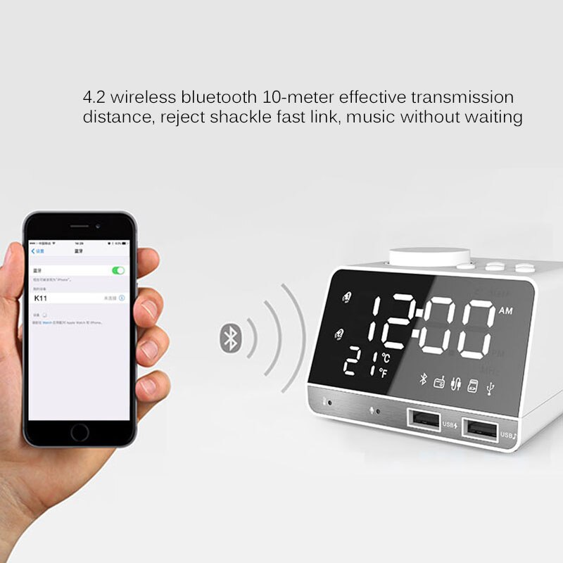 LED Digital Dual Alarm Spiegel Uhr Drahtlose Bluetooth Bass Lautsprecher FM Radio + 2 USB Ladegerät Häfen Musik Schlummern temperatur
