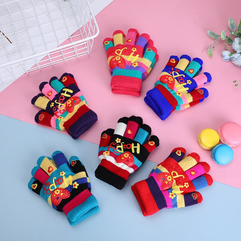 Guantes para niños con estampado de corazones y estrellas, para bebés, coloridos, de invierno, tejidos, cálidos