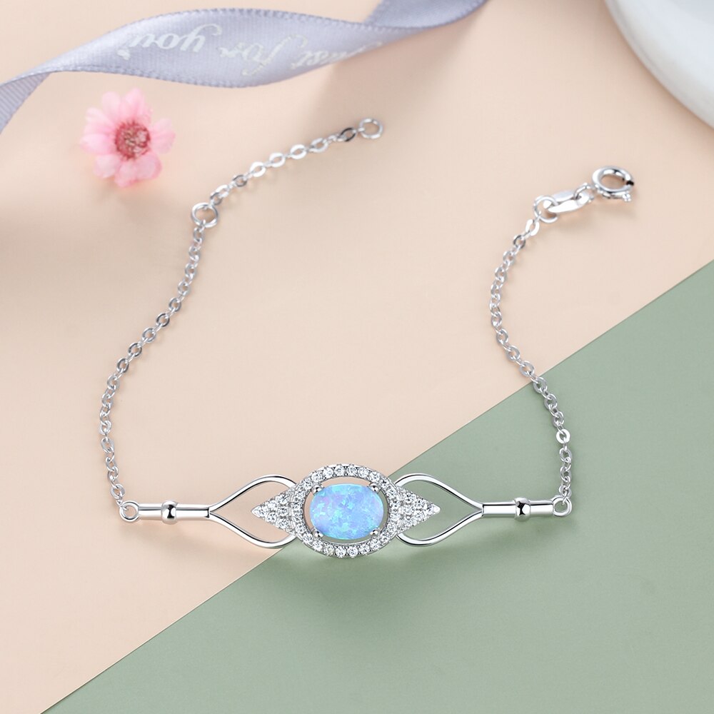Charm 925 Sterling Zilveren Ketting Armband Eye Shape Oval Gemaakt Blue Opal Armband Femme Sieraden Voor Vrouwen (Lam hub Fong)