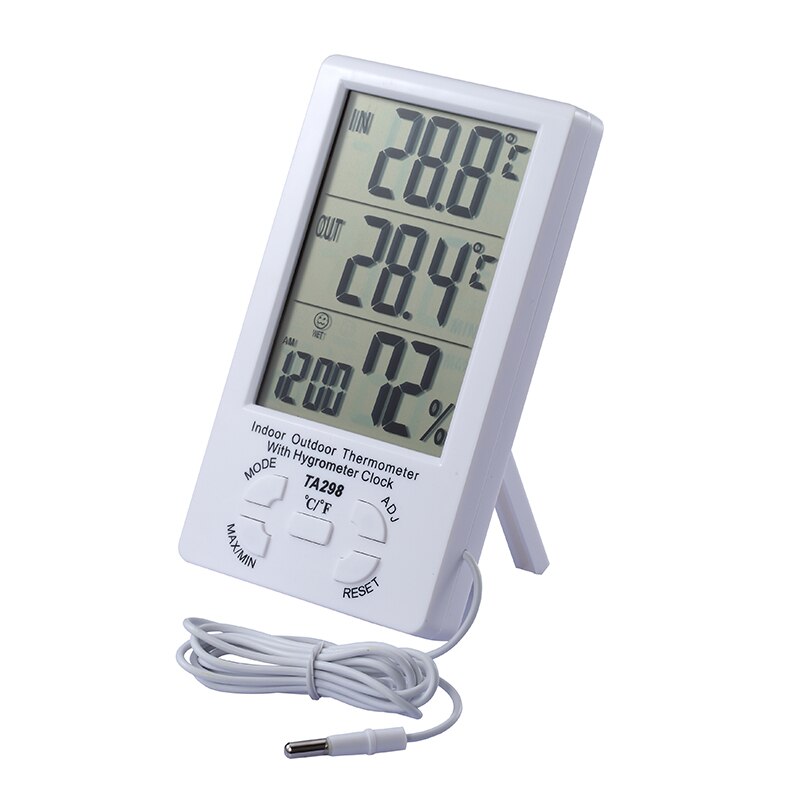 Indoor Outdoor LCD Digital Desktop Temperature Meter Humidity Thermometer Time Clock with External Probe Sensor Cable