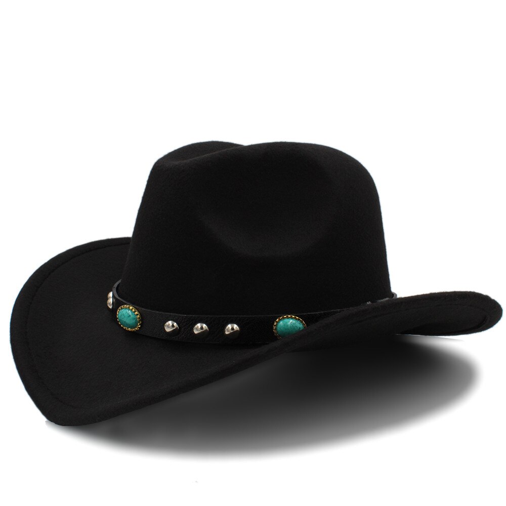 Kvinder uld hule vestlige cowboy hat roll-up bred skygge dame jazz sombrero hombre cowgirl kasket med punk bælte størrelse 56-58cm: Sort