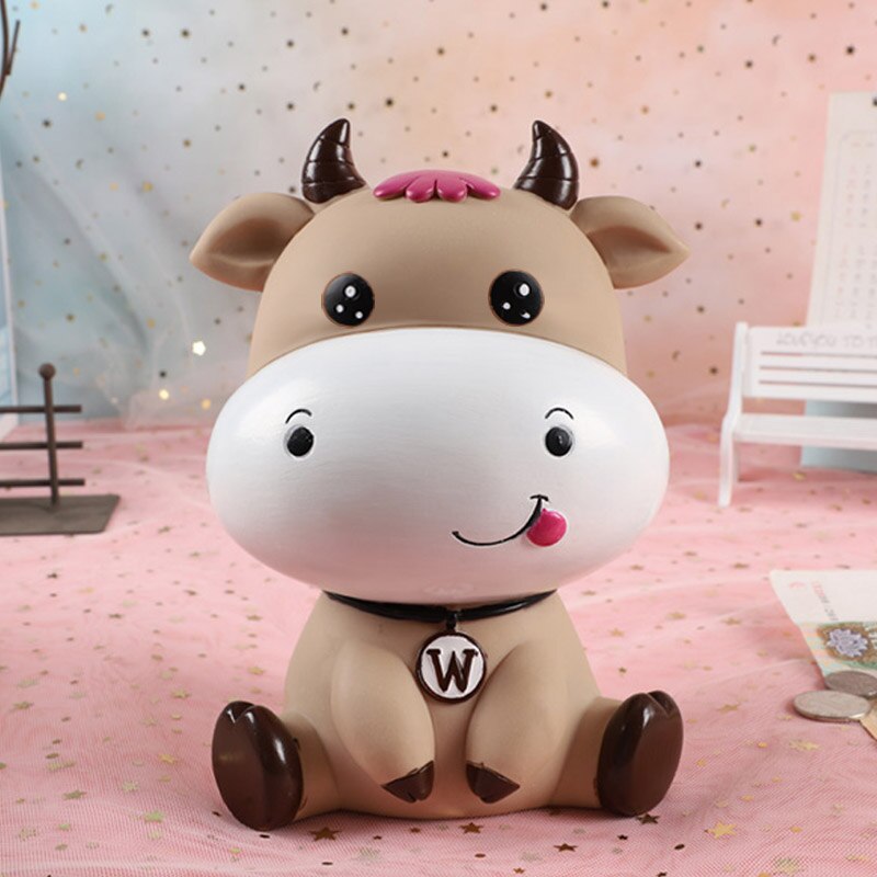 Lovely cartoon cow piggy bank -proof children can save Year of the Ox piggy bank for boys and girls ornaments: Small(coffee)open