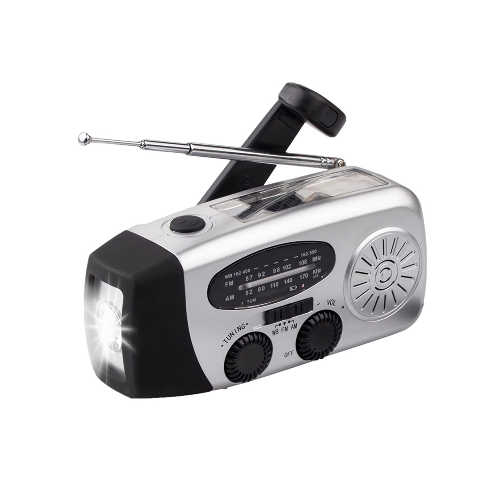 Draagbare Radio Am/Fm/Wb Radio Zaklamp Leeslamp Noaa Weer Power Bank Voor Emergency Zonne-energie Crank emergency Radio: Zilver