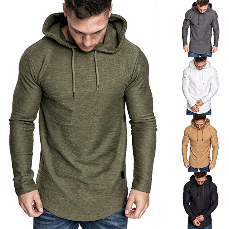 Bluzy z kapturem męskie dorywczo modne jednolity kolor z długimi rękawami T-shirt z kapturem letnie sportowe na co dzień
