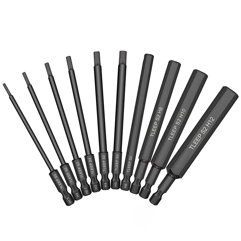 10pcs Hex Head Allen Wrench Drill Bit Set 100mm S2 Steel Allen Screwdriver Bits 1.5 to 12mm SAE Metric Hex Key Bit with Magnetic