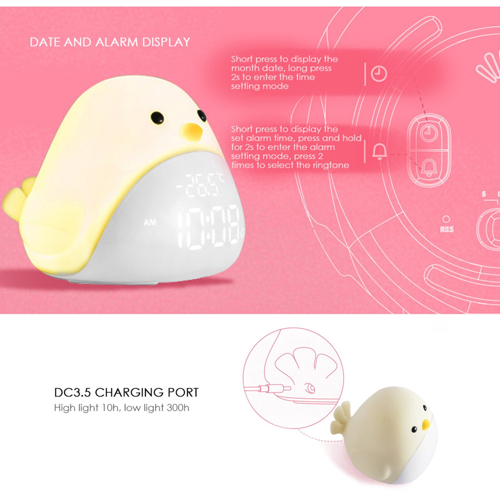Endurance USB Charging Luminous Night Light Alarm Clock For Student Kids Sleeping Clock Easy Operation Rechargeable