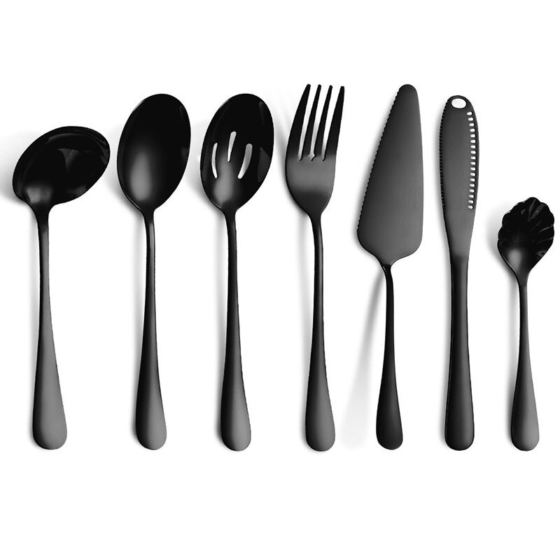 Couverts colorés en acier inoxydable, 6-24 pièces, couteau, fourchette, cuillère, service de table, vaisselle en or, service de table, ustensiles de cuisine: Black-7PCS