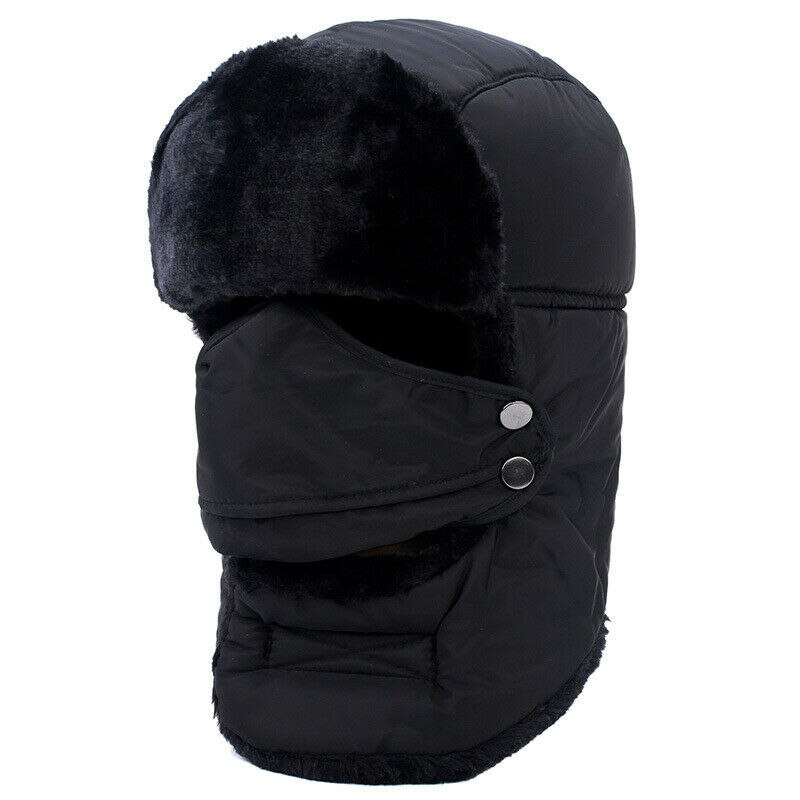 1PC Unisex Black Faux Fur Russian Ushanka Hat with Ear Flap Winter Warm Fluffy Hat for Men Women Ourdoor Headwear: Default Title