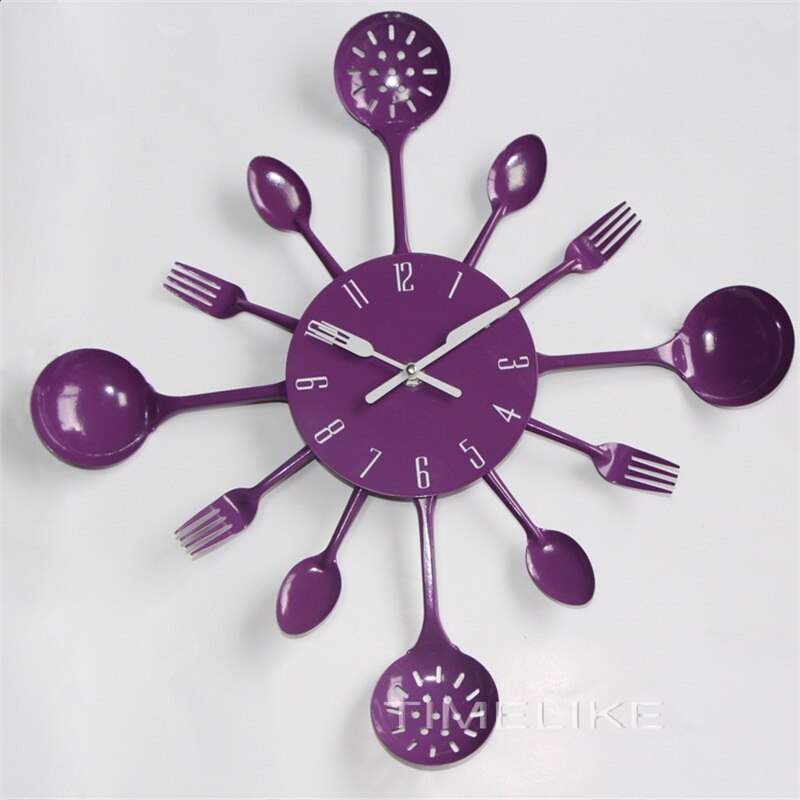 Horloge murale de cuisine en métal | De grande taille, en métal de cuillère à fourchette, horloge murale de cuisine, spécial: VIOLET