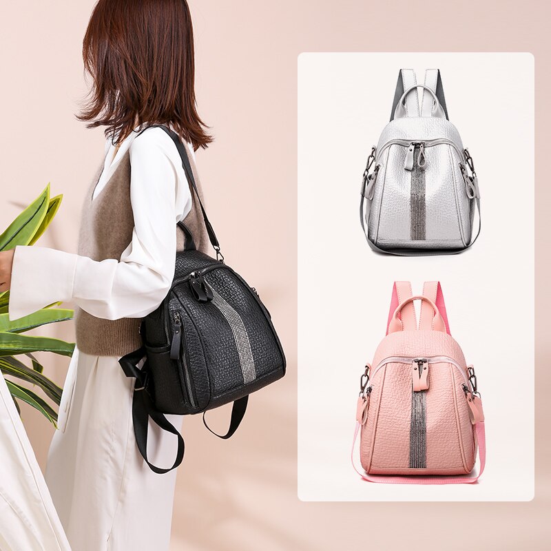 Women's Double zipper backpack leather backpack casual backpack PU high-grade leather bag lady travel bag suitable for girls