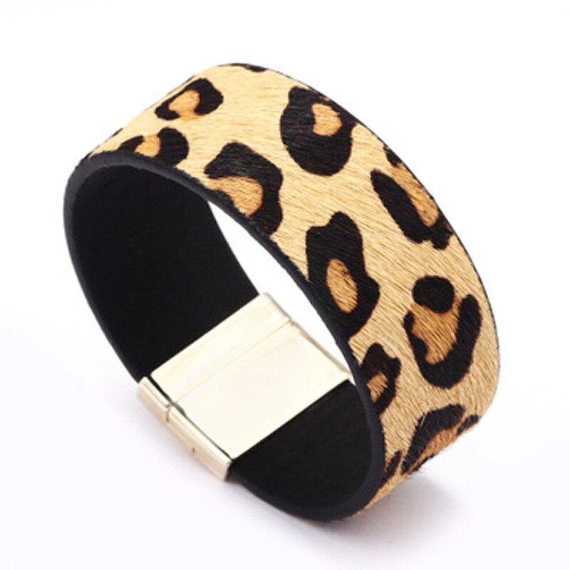 Exaggerated personality leopard print wide side belt bracelet women's titanium steel magnetic absorption Metal Bracelet