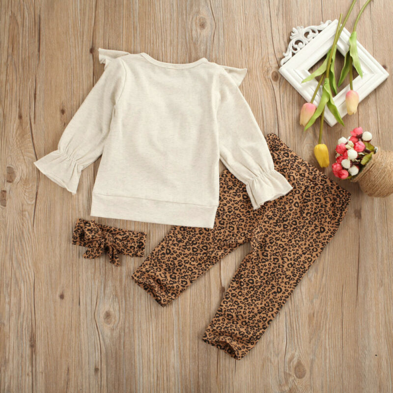 Kid baby pige tøj sæt solid langærmet flæse toppe sweatshirt + leopard print bukser pandebånd 3 stk outfit