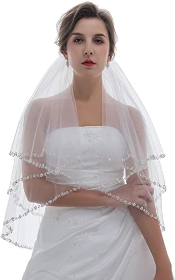 2T 2 Tier Pearls Silver Beaded Bridal Wedding Veil Bridal Veils