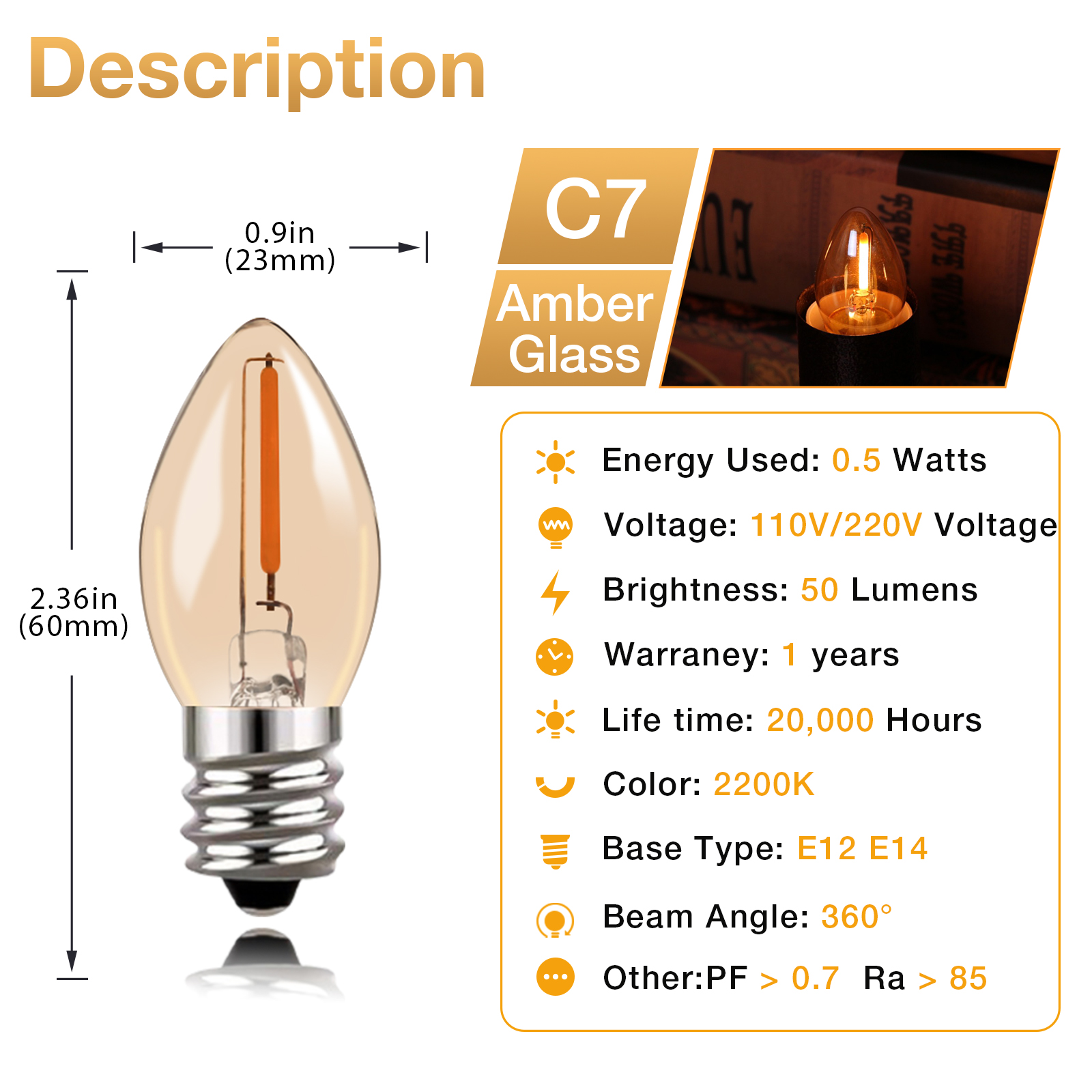 Bombilla de repuesto G40 Led 220V E12 E14 0,5 W 1W 2W S14 C7 T16 lámpara LED luz nocturna de filamento para lámpara de araña: changeable / 2 unidades