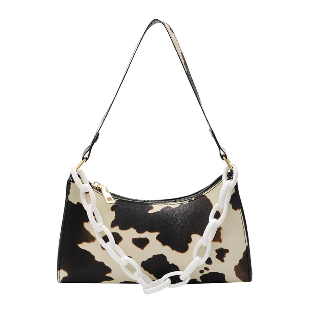 Koe Print Handtas Draagbare Vrouwen Pu Acryl Chain Onderarm Schoudertassen Handtassen Vrouwen Luxe Tas: Beige