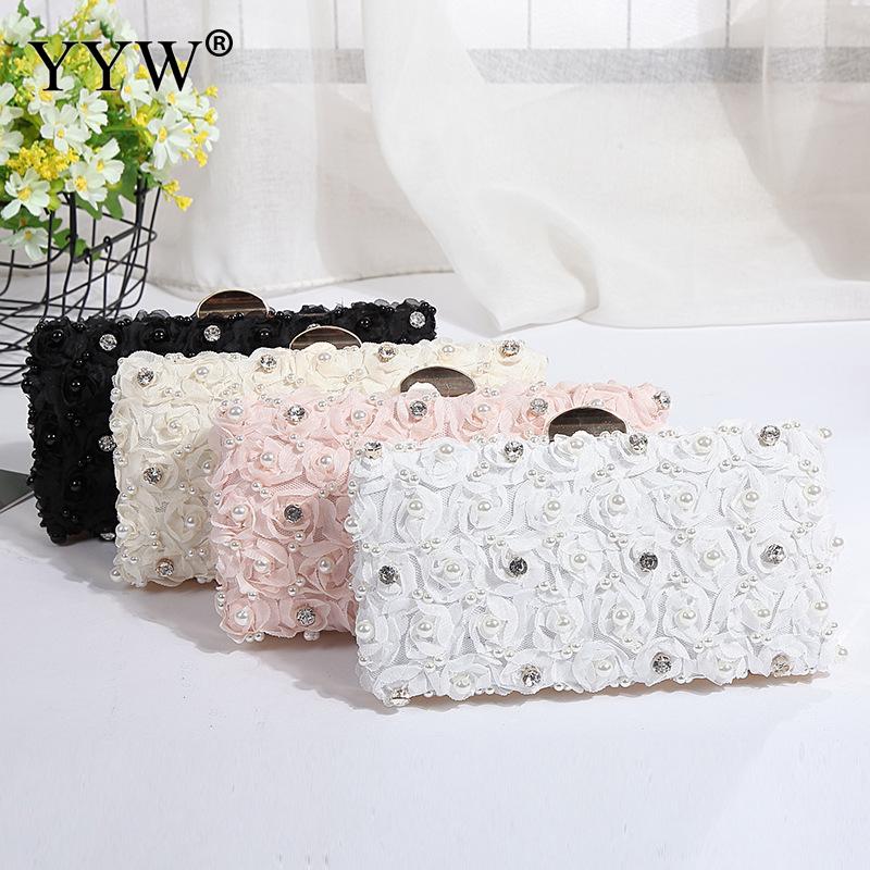 YYW Roze Plastic Parel Bloemen Clutch Met Witte Steentjes Clutch Vrouwelijke Witte Bruiloft Tas Zwart Purse Sac Belangrijkste Femme