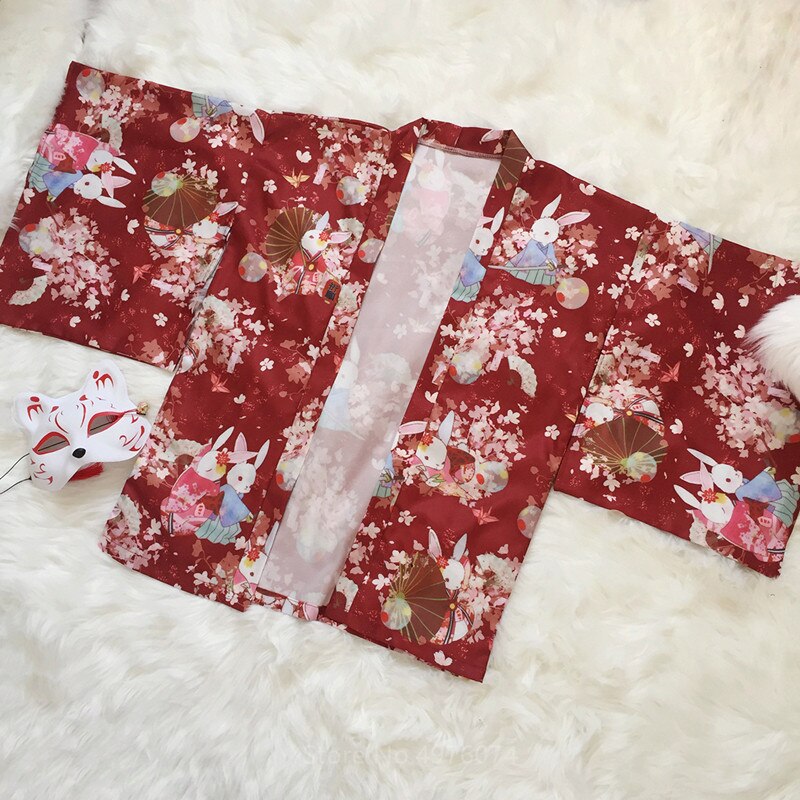 Flower Print Kimono Coat Japanese Traditional Haori Top Kawaii Girls Sakura Warrior Streetwear Yukata Cat Cute Cardigan: Color1