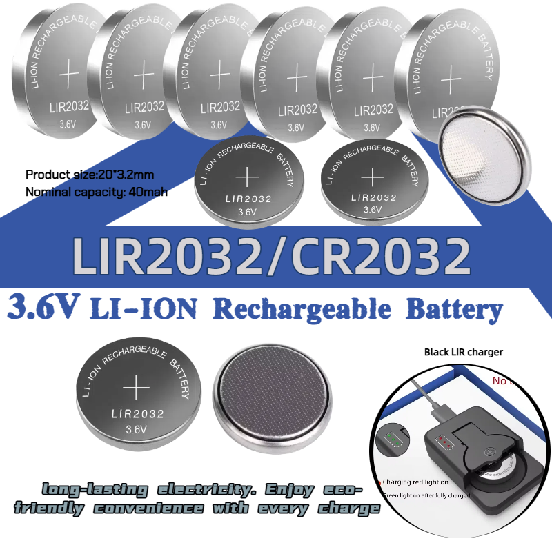 LIR2032 Rechargeable Lithium Battery 2032 charging Can Replace 3.6v 40mAH CR2032 for Watches Clock Calculator Coin Battery