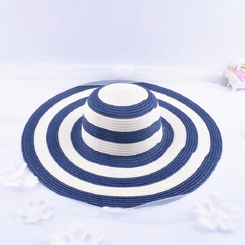 Women's Foldable Big Brim Striped Straw Sun Hat Wide Large Brim Cap Summer Travel Beach Floppy Hats Sun Protection