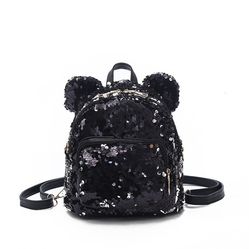 Glitter Vrouwen Pailletten Rugzak Leuke Oren Dubbele Schoudertas Mini Bling Rugzakken Kinderen Meisjes Lovertjes Reizen Knapzak: black