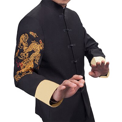 Traditional Chinese Style Mens Tunic Suit Jacket Oriental Dragon Embroidery Frog Closure Mandarin Collar Men Black Suit Jacket: M - 1 Piece Jacket