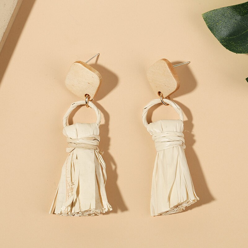 Simple Trendy Female Handmade Woven Vine Rattan Straw Earrings For Women Boho Square Geometric Wood Dangle Earring Jewelry