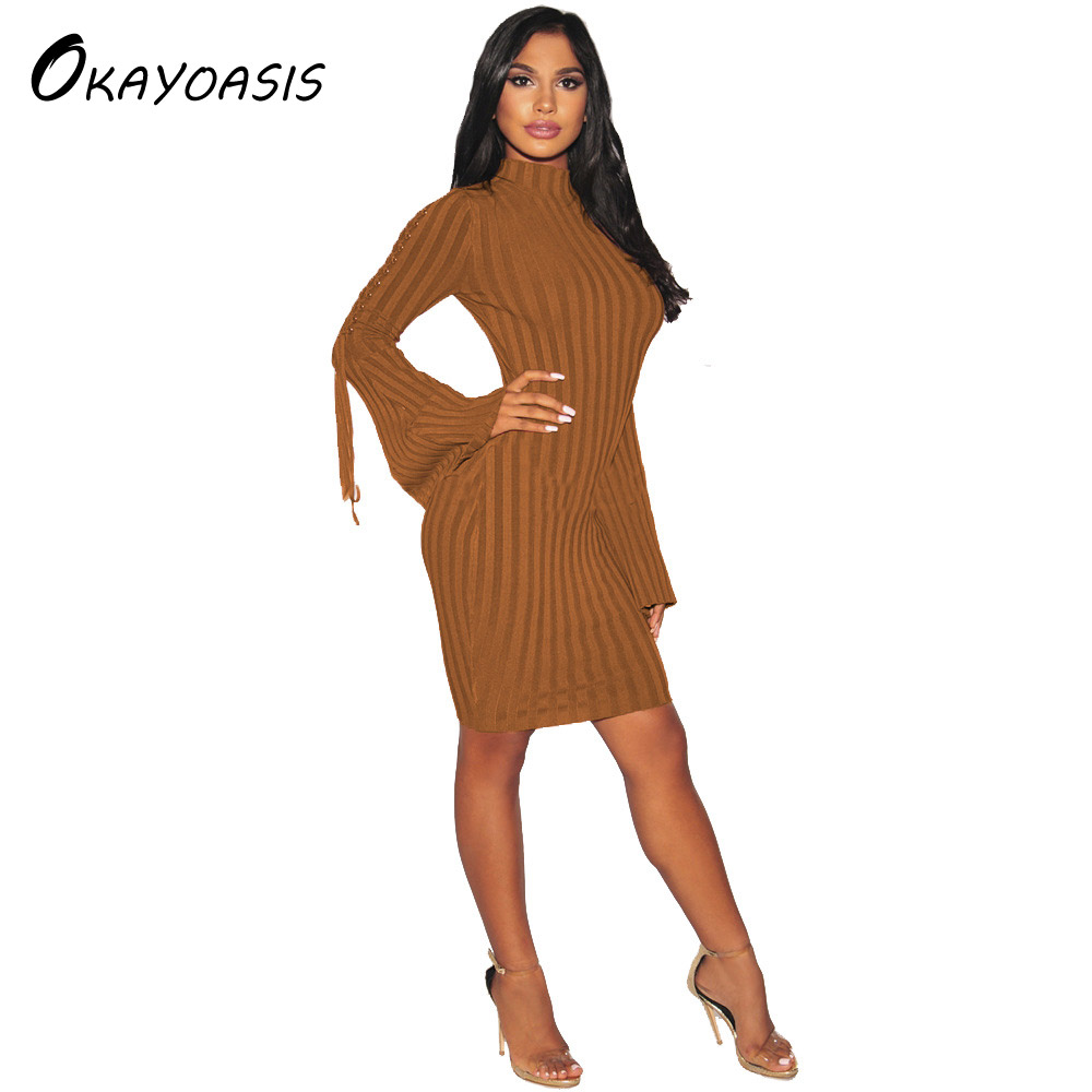 OKAYOASIS Freies Strick Jahrgang Kleid der Neuen frauen Herbst und Winter Bodycon Vestidos Langarm Rollkragen Kleid