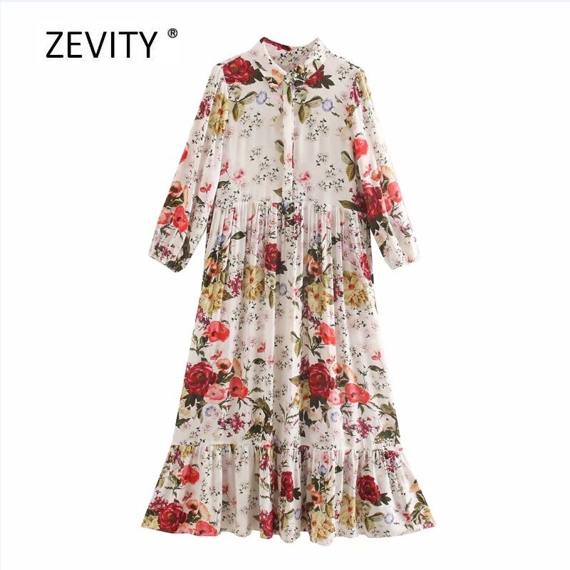 Kvinnor tropiskt blommönster ledig rak vestido midiklänning kvinnlig chic tre fjärdedels ärm fåll veck volangklänningar  ds4010: L