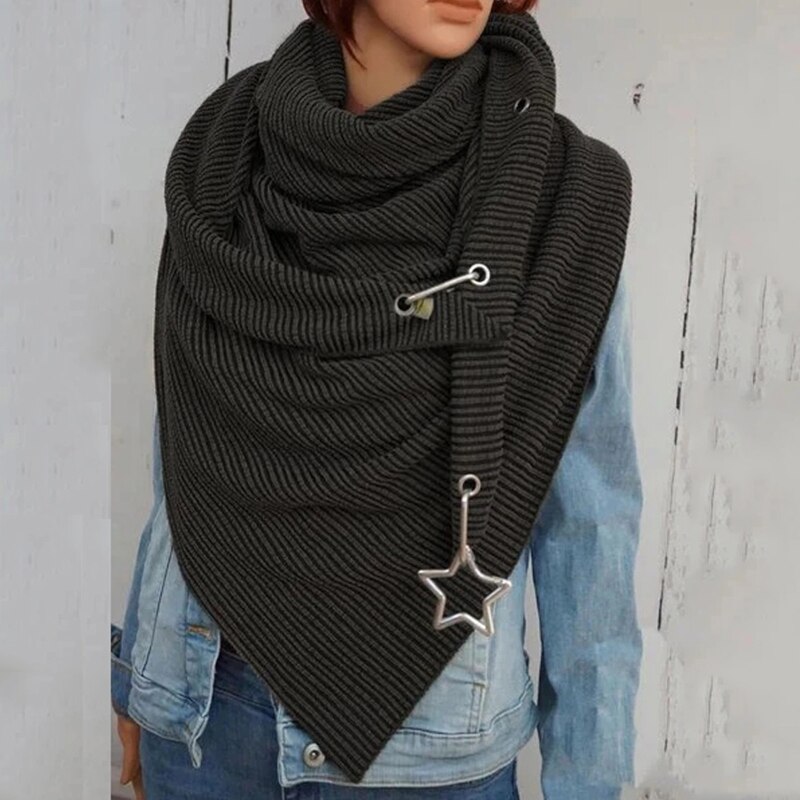 Femmes hiver épaissir grande écharpe avec bouton crochet étoile pendentif décontracté couleur unie côtelé Triangle châle enveloppement extérieur cou plus