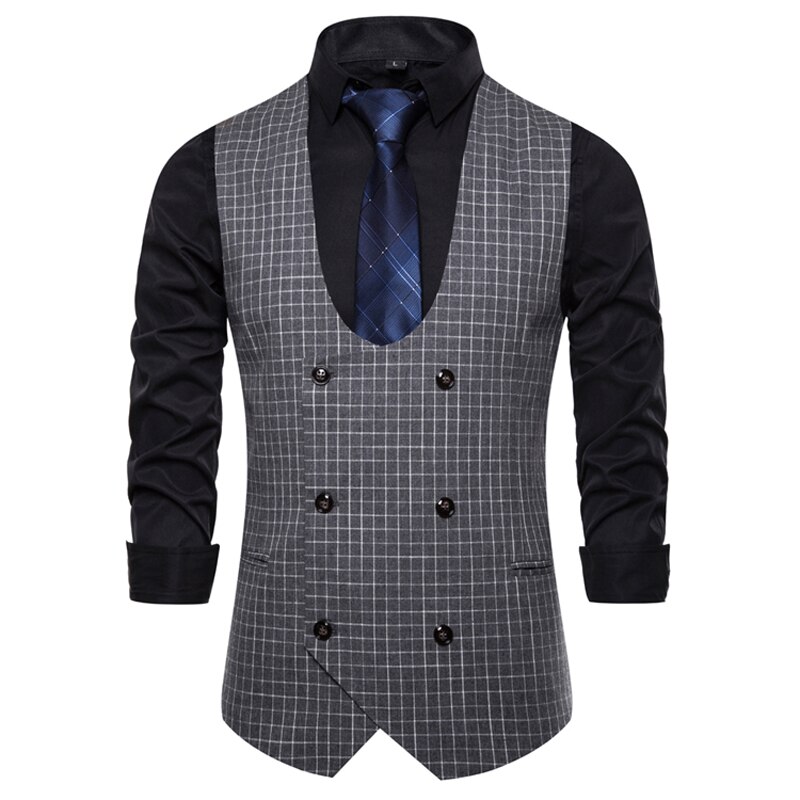 Mens Classic Plaid Pak Vest Double Breasted Jurk Vesten Slim Fit Busienss Formele Tuxedo Vest Mannelijke: Gray / M