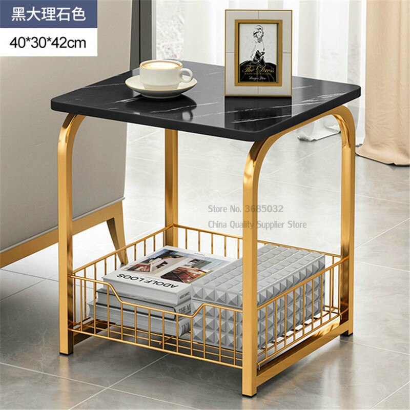 Noord Gouden Thee Tafel Ijzer Vierkante Marmeren Tijdschrift Plank Salontafel Klein Bureau Beweegbare Slaapkamer Woonkamer Meubels: Black 2 Layers