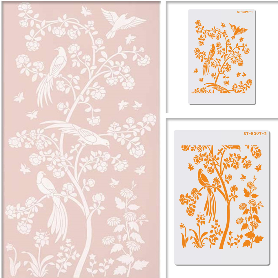 2pcs/set Birds&amp;Flower Cake Stencil Chinoiserie Wall Stencils for DIY Home Decor Scrapbooking Painting Drawing Stencils Template
