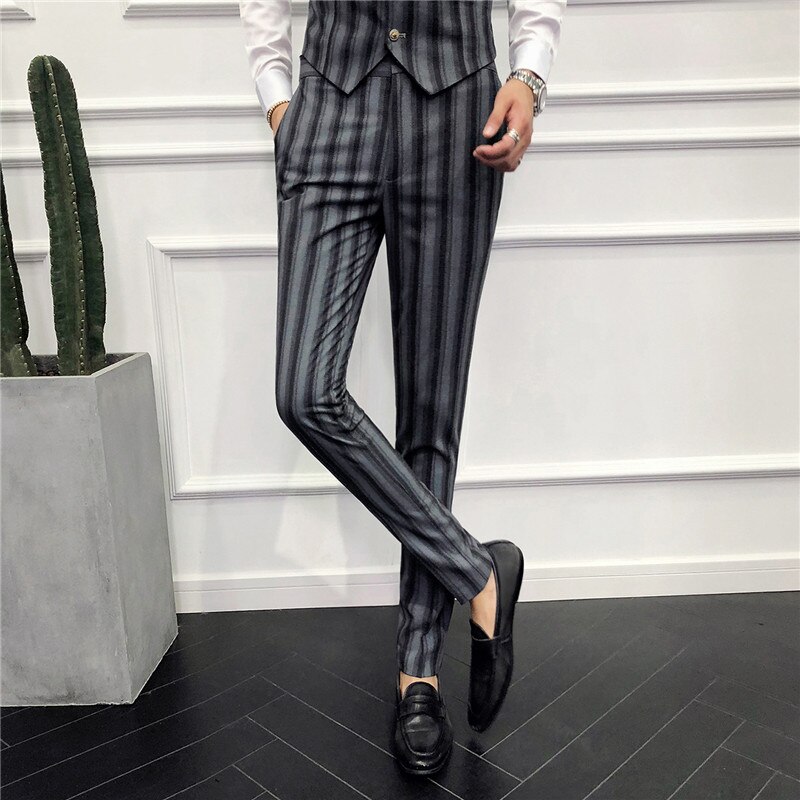Heren gestreepte broek, zwart, grijs, slim fit jeugd heren pantalon maat 28-36 zakelijke vrijetijdsbroek heren