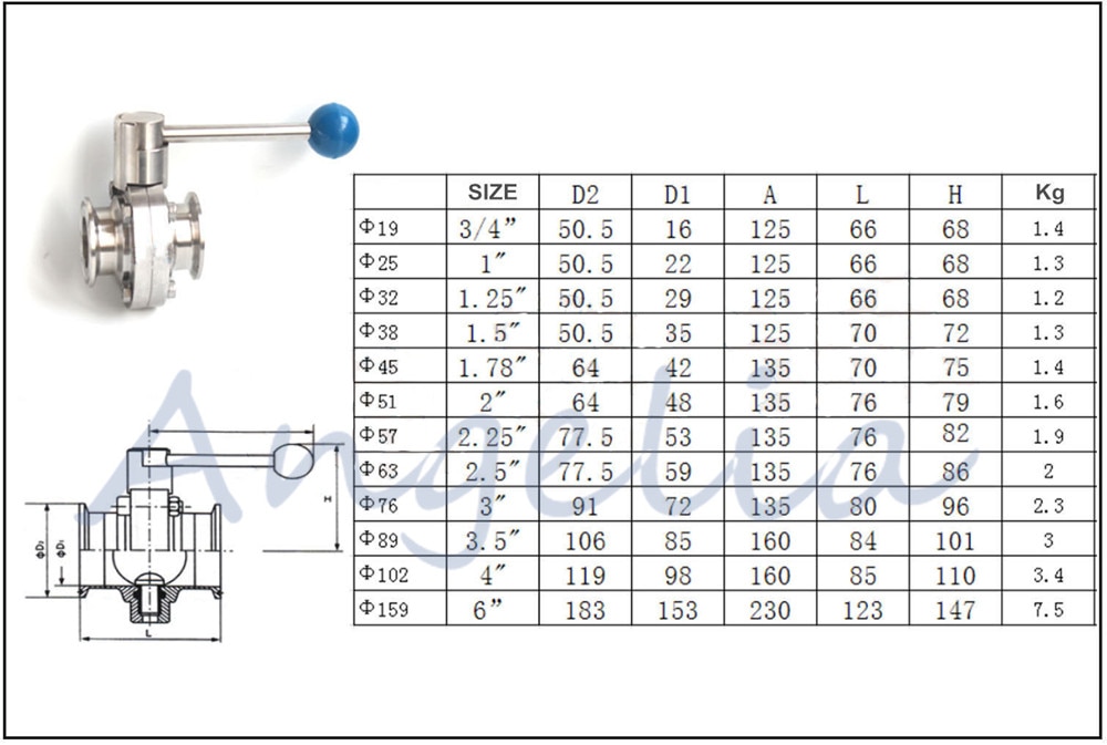 3" Sanitary Butterfly Valve Stainless Steel 304 Tri-Clamp Silicone Sealing
