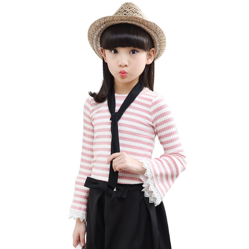 Pull coréen d'automne pour fille, haut à manches évasées en dentelle, t-shirt à manches longues avec rayures, pour fille de 8 10 12 ans