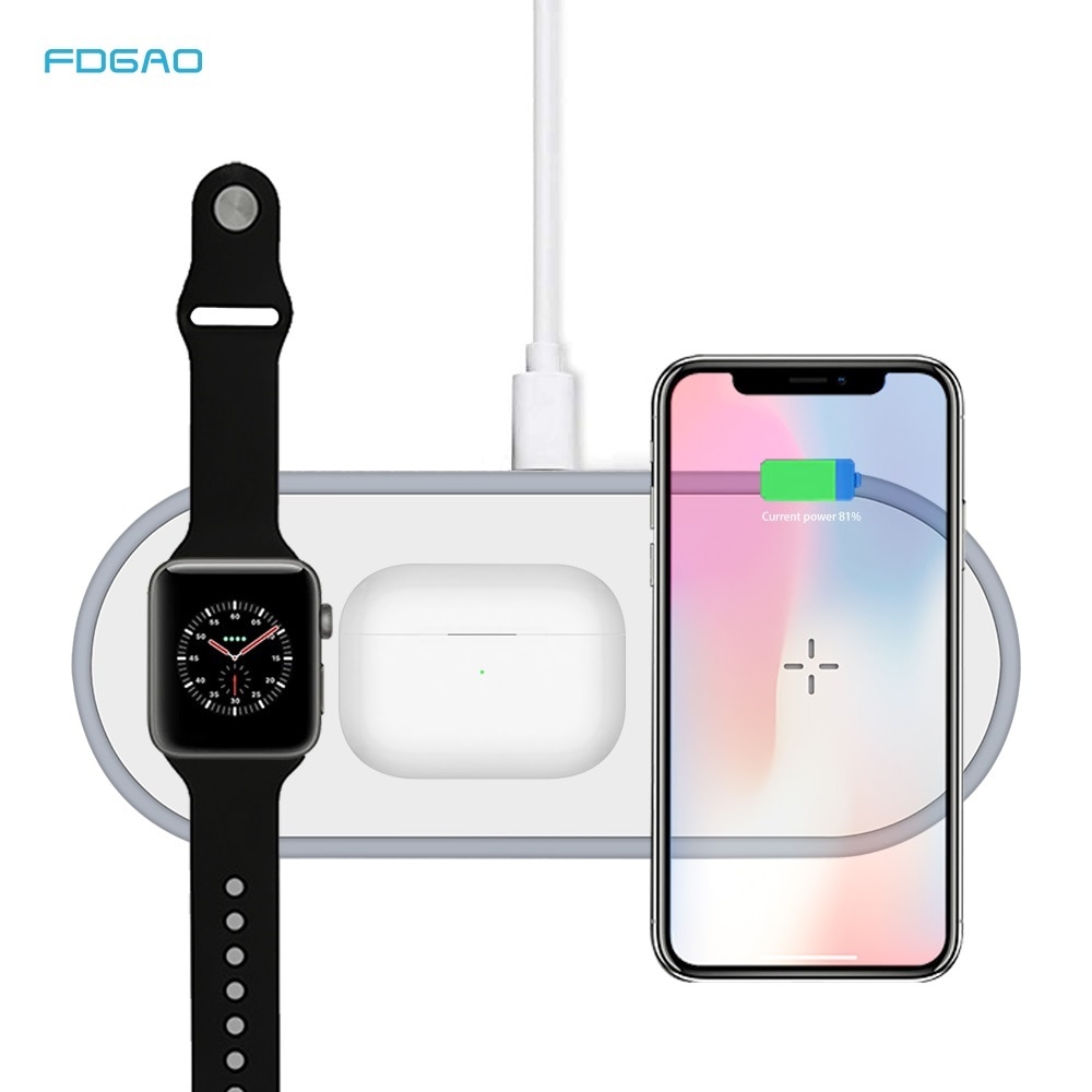 3-in-1 Wireless Charging Station for iPhone 12/11/XS/XR/X, 10W Fast Charge Pad for Apple Watch & AirPods Pro