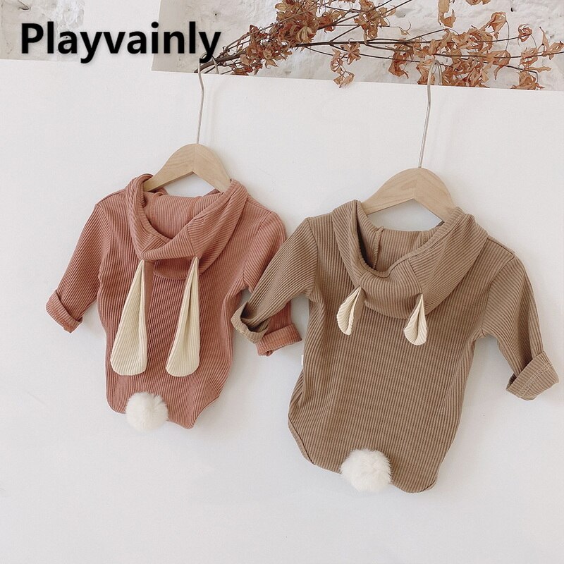 2022 Lente Baby Meisje Jongen Bodysuit Roze Kaki Oor Hooded Lange Mouwen 3D Konijn Staart Jumpsuit Kind Kleding Voor 0-2Year E103