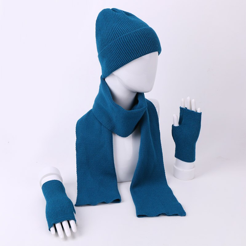 Kvinner vinter kanin hairr hansker skjerf lue tredelt sett kvinnelig strikk utendørs varm hatt caps skullies beanies sett: B