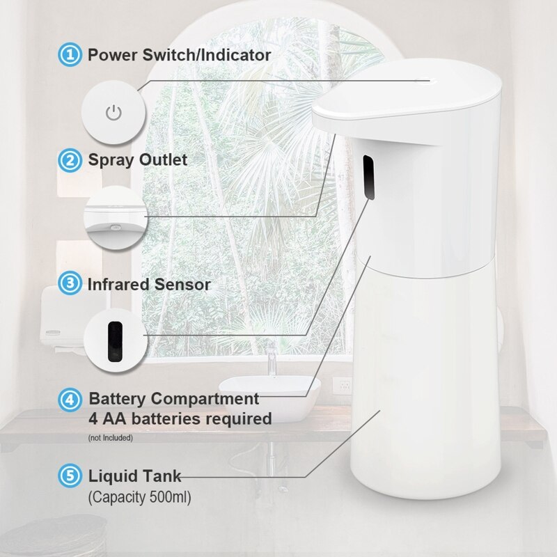 Distributeur automatique de savon de 500ML, désinfectant pour les mains sans contact, pulvérisateur de liquide étanche à mouvement infrarouge, fonctionne à piles