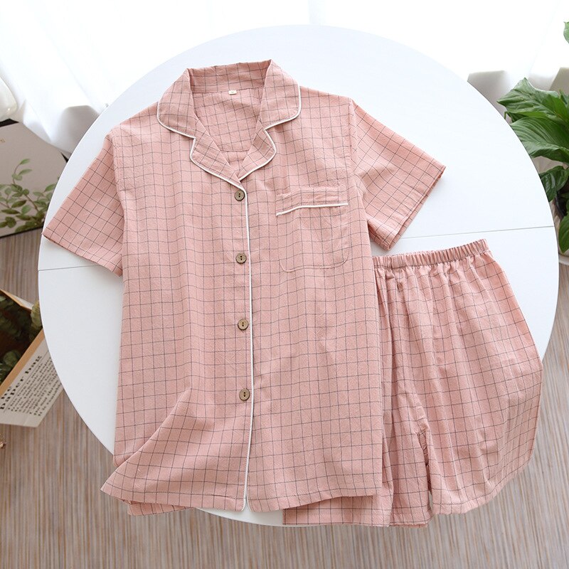 Novedad de verano, pijamas de dos piezas para parejas, pantalones cortos a cuadros de manga corta para hombres, 100% de gasa de algodón, conjunto sencillo de servicio doméstico para mujeres, ropa de dormir: XL / Beige