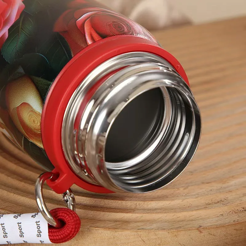Retro and Bustling High-value Insulated Cup with Rose Pattern Double-layer Water Cup Car Portable Drawstring Stew Cup