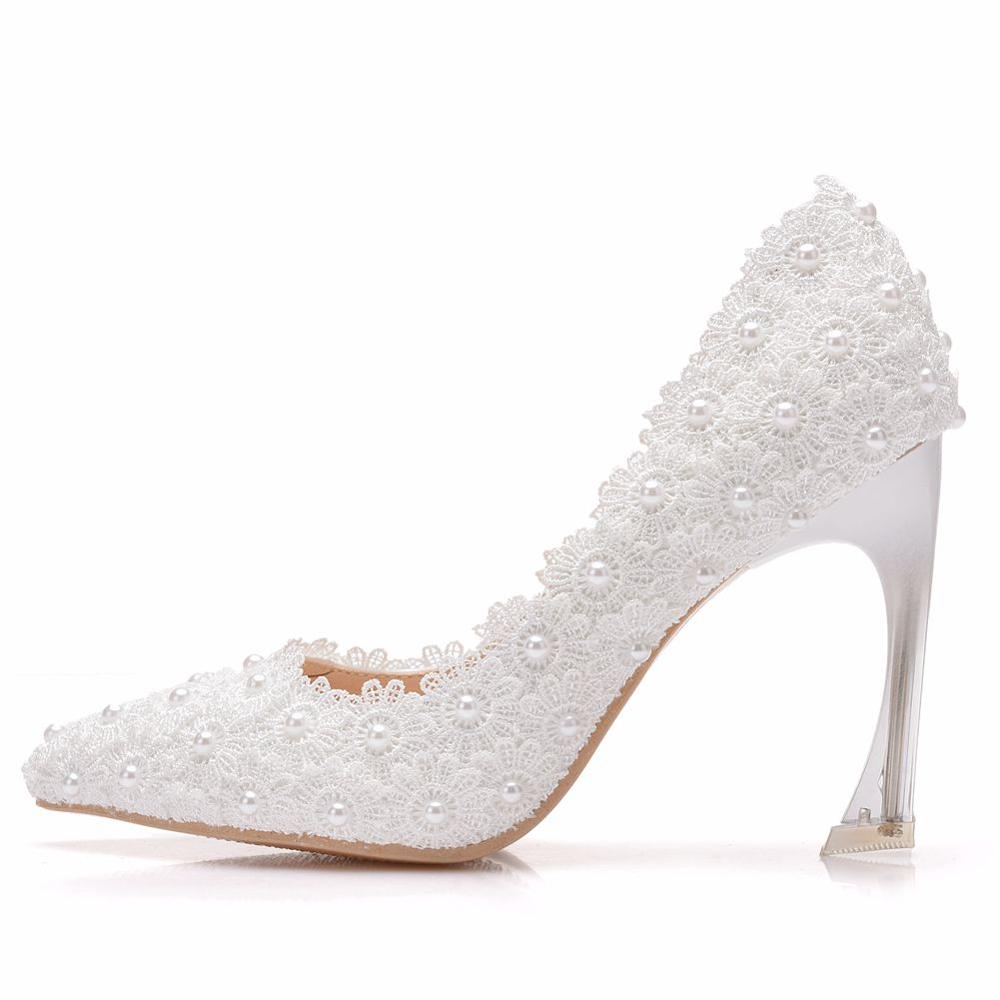 Crystal Queen Wit Kant Hoge Hakken Trouwschoenen bruid Partij Schoenen Vrouwen Pompen Dames Hoge Hakken Bruids Schoenen