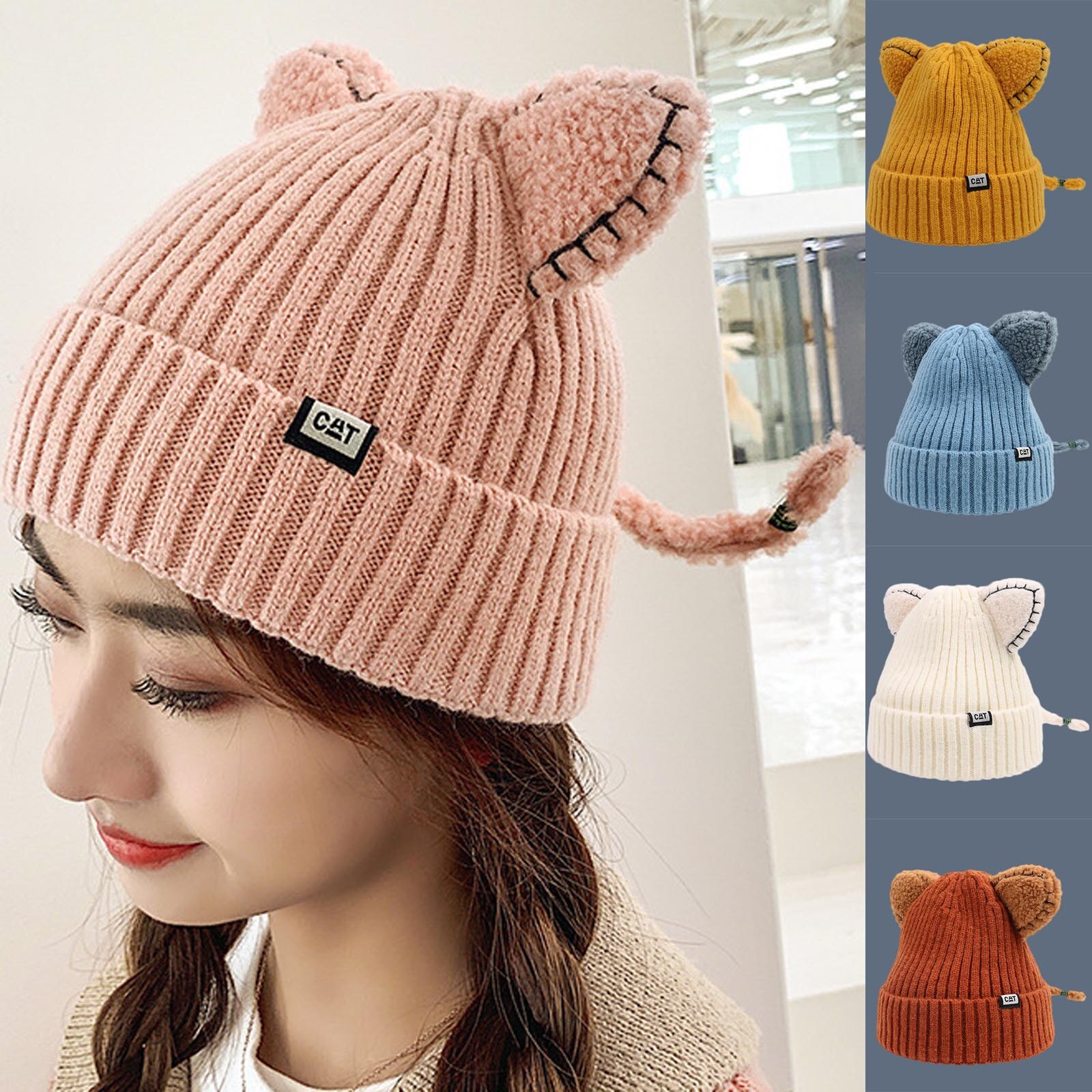 Women Winter Cute Animal Cat Hat Crochet Beanie Hats Photography Knitted Unisex Hat Cotton Blends Solid Warm Soft Hat Cap