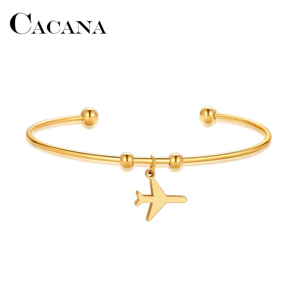 CACANA stal nierdzewna 316L otwarta bransoletka złoty kolor samoloty proste modny biżuteria dla kobiet bransoletki wesele prezenty