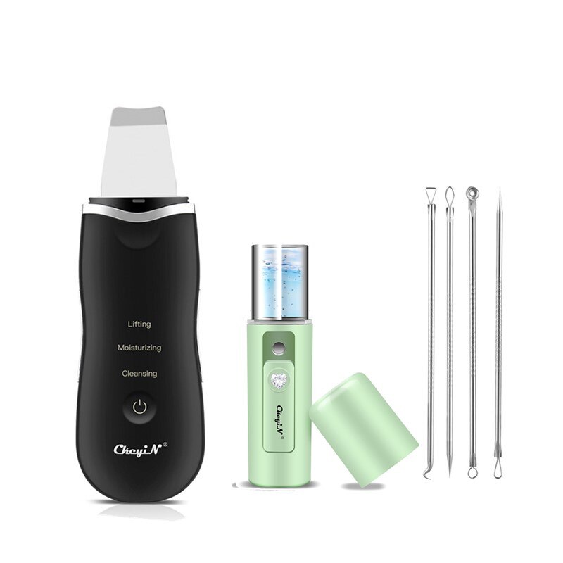 CkeyiN Ultrasonic Skin Scrubber Spatula Facial Blackhead Removal Pore Cleaner Exfoliator Face Deep Cleaning + Mini Nano Mister50: Black
