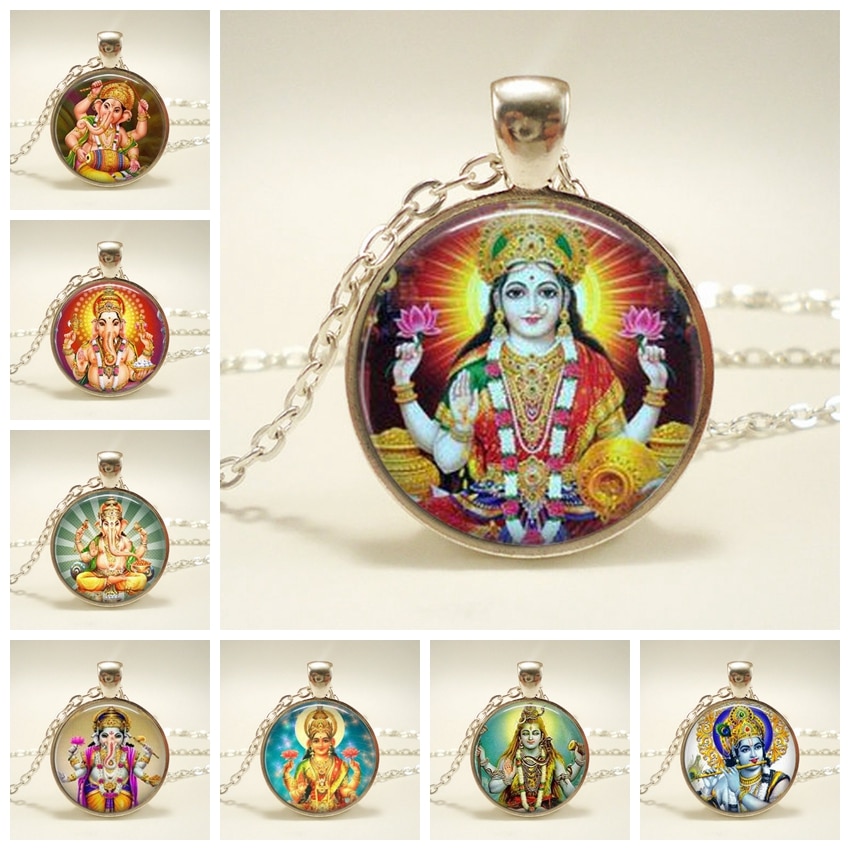 Krishna and Radha Amulet Necklace Glass Cabochon Jewelry Silver Chain Lakshmi Pendant Hinduism Shiva Necklace for Women